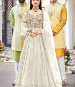 Off White Embroidered Georgette Anarkali Suit Free size full stitched Up To 42" Size