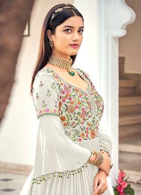 Off White Embroidered Georgette Anarkali Suit Free size full stitched Up To 42" Size 2