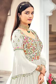 Off White Embroidered Georgette Anarkali Suit Free size full stitched Up To 42" Size