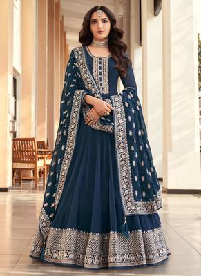 Teal Blue Embroidered Georgette  Anarkali Suit Free size full stitched Up To 42" Size 1