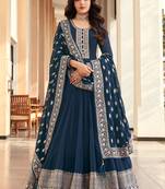 Teal Blue Embroidered Georgette  Anarkali Suit Free size full stitched Up To 42" Size