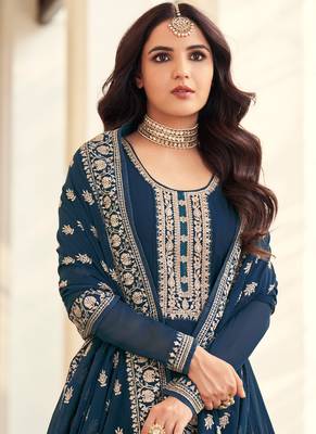 Teal Blue Embroidered Georgette  Anarkali Suit Free size full stitched Up To 42" Size 2