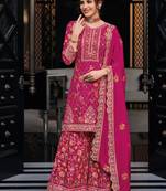 Pink Heavy Embroidered Chinnon Straight Suit Free size full stitched Up To 42" Size