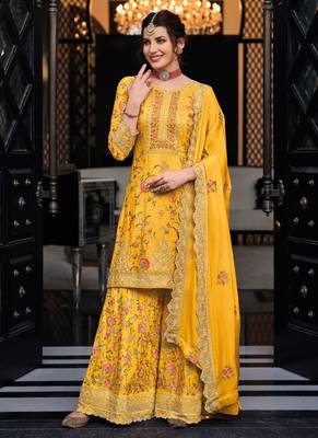 Yellow Heavy Embroidered Chinnon Straight Suit Free size full stitched Up To 42" Size 1