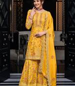 Yellow Heavy Embroidered Chinnon Straight Suit Free size full stitched Up To 42" Size