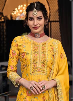 Yellow Heavy Embroidered Chinnon Straight Suit Free size full stitched Up To 42" Size 2