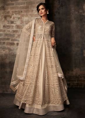 Beige Net Thread and Sequin Embroidered Anarkali Suit 1
