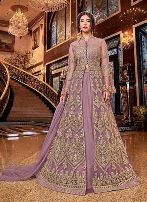 Mauve Embroidered Net Semi-Stitched Anarkali Suit Up To 42" Size 1