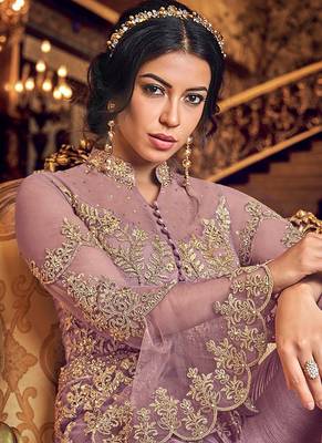 Mauve Embroidered Net Semi-Stitched Anarkali Suit Up To 42" Size 2