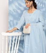 Sky-blue printed cotton ethnic-kurtis