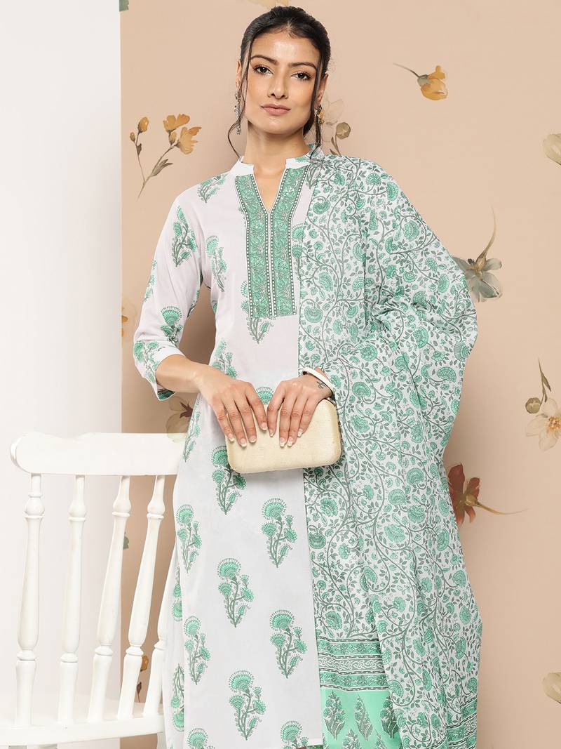 White printed cotton ethnic-kurtis