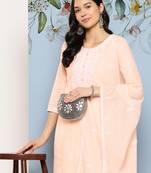 Peach embroidered cotton ethnic-kurtis