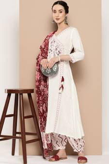 White embroidered rayon ethnic-kurtis