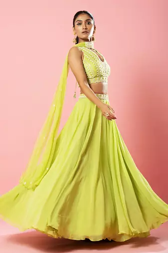 Lime Green Embroidered Lehenga Set