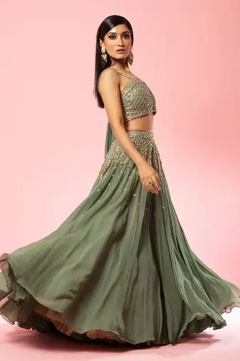 Sage Green Drape Lehenga Set