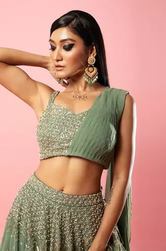 Sage Green Drape Lehenga Set