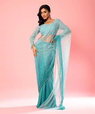 Teal And Powder Blue Ombre Hand Embroidered Saree Set 1