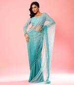 Teal And Powder Blue Ombre Hand Embroidered Saree Set