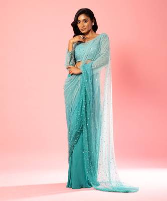 Teal And Powder Blue Ombre Hand Embroidered Saree Set 2