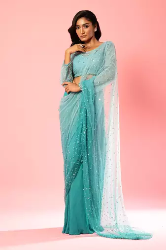 Teal And Powder Blue Ombre Hand Embroidered Saree Set