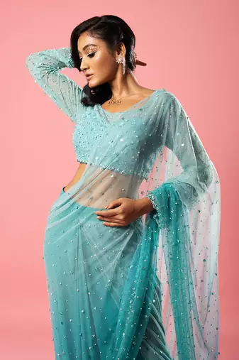 Teal And Powder Blue Ombre Hand Embroidered Saree Set