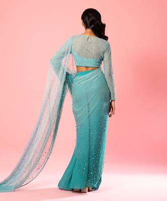 Teal And Powder Blue Ombre Hand Embroidered Saree Set 4