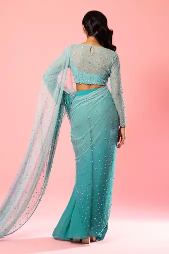 Teal And Powder Blue Ombre Hand Embroidered Saree Set
