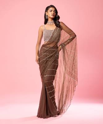 Coffee Brown Hand Embroidered Saree Set 1