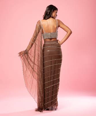 Coffee Brown Hand Embroidered Saree Set 2