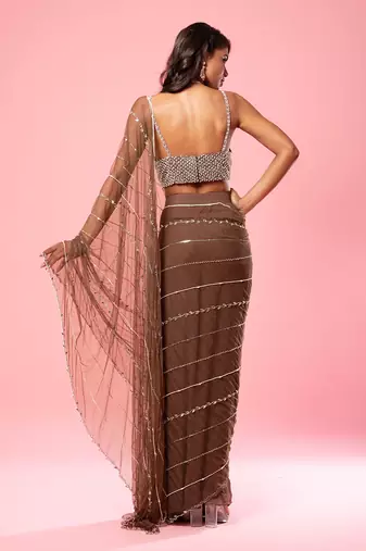 Coffee Brown Hand Embroidered Saree Set