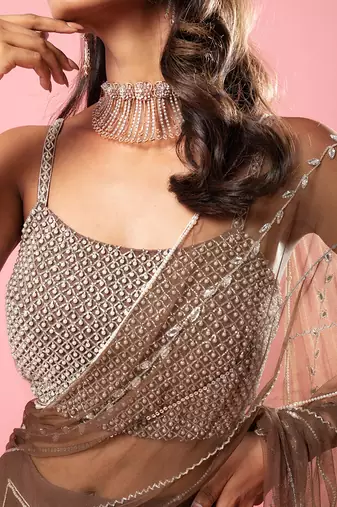 Coffee Brown Hand Embroidered Saree Set