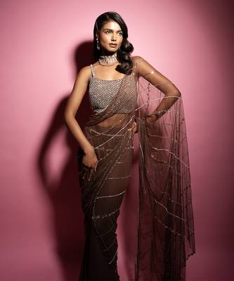 Coffee Brown Hand Embroidered Saree Set 5
