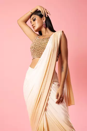 Ivory And Golden Ombre Saree Set