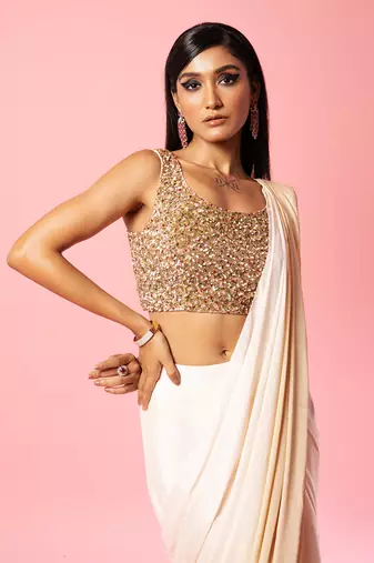Ivory And Golden Ombre Saree Set
