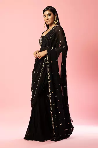 Black Hand Embroidered Saree Set