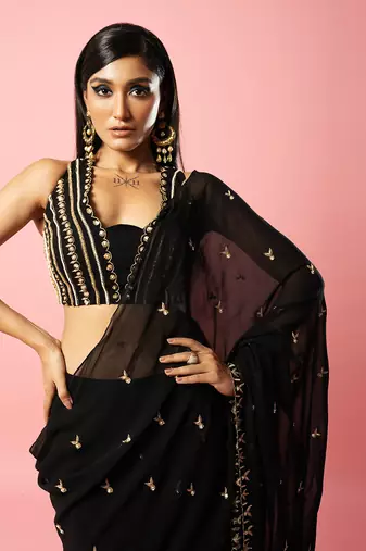 Black Hand Embroidered Saree Set