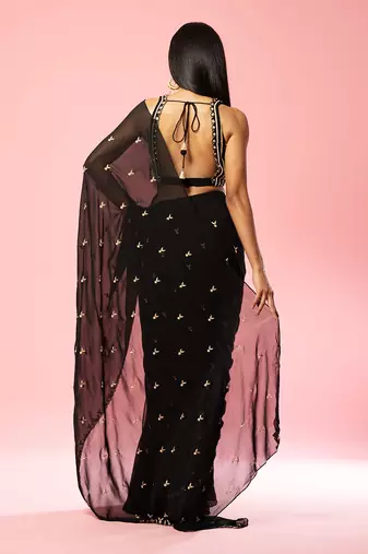 Black Hand Embroidered Saree Set