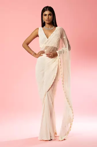 Ivory Hand Embroidered Saree Set