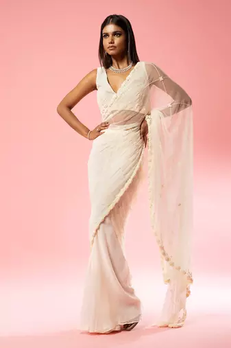 Ivory Hand Embroidered Saree Set