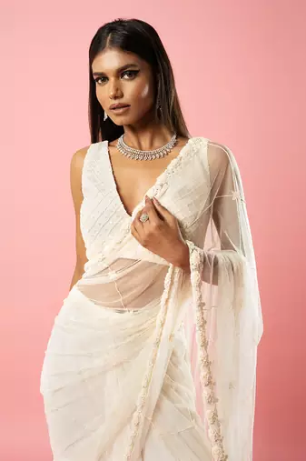 Ivory Hand Embroidered Saree Set