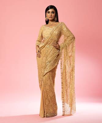 Golden Hand Embroidered Saree Set 1