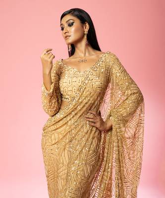 Golden Hand Embroidered Saree Set 3