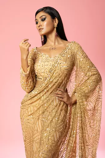 Golden Hand Embroidered Saree Set