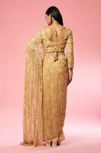 Golden Hand Embroidered Saree Set