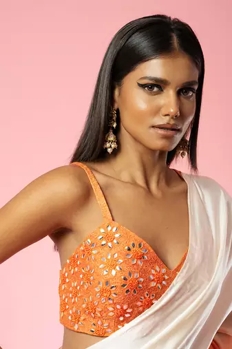 Ivory And Orange Ombre Saree Set
