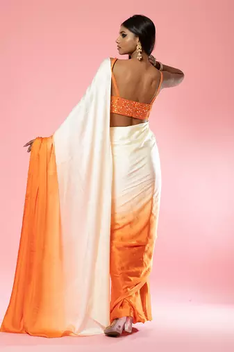 Ivory And Orange Ombre Saree Set