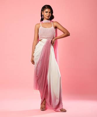 Ivory And Pink Ombre Dhoti Style Dress 1