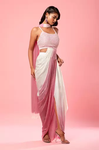 Ivory And Pink Ombre Dhoti Style Dress