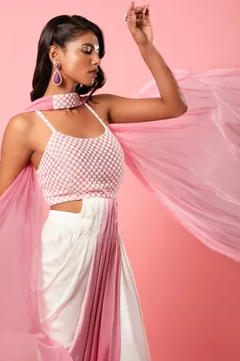 Ivory And Pink Ombre Dhoti Style Dress