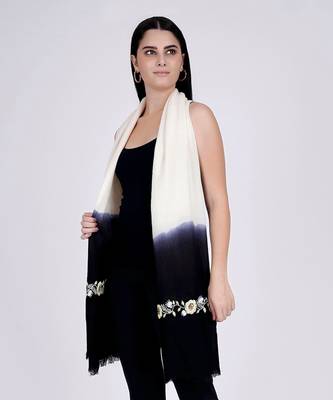 White And Navy Blue Hand Embroidered Colour Block Scarf 1